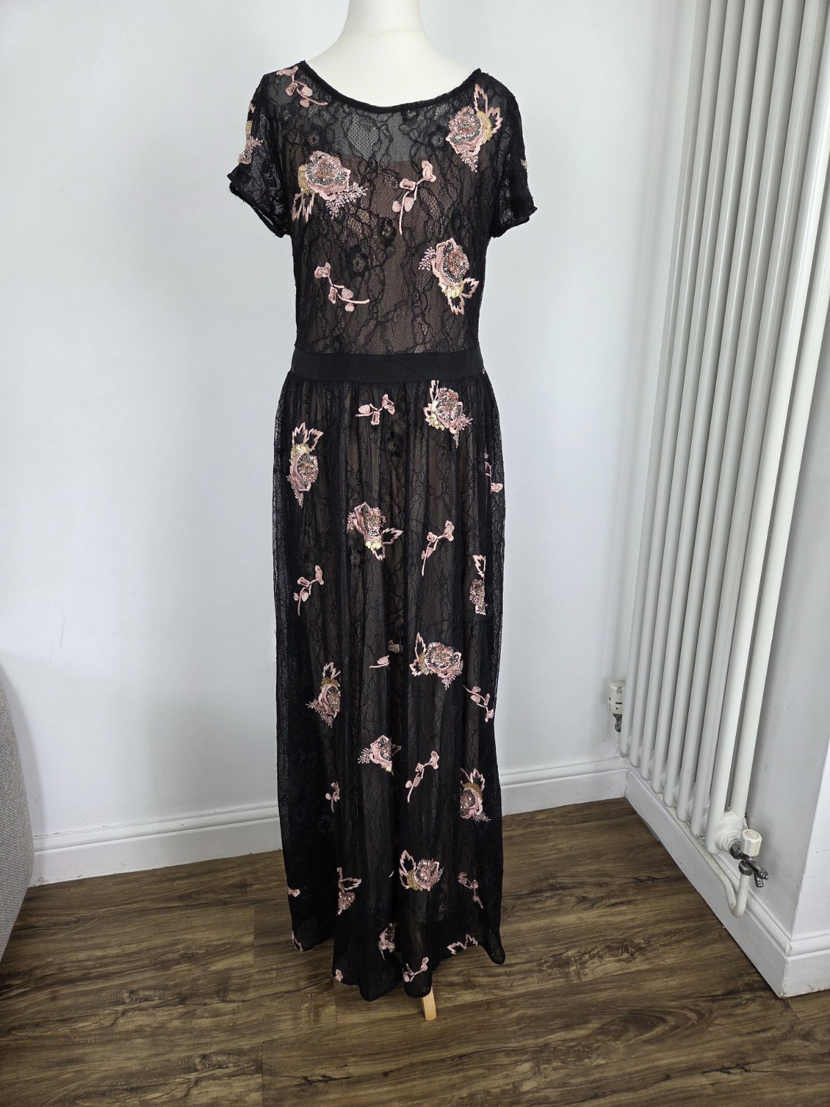 Miss Selfridge Black Lace Covered Embroidered Long Dress. Size 12