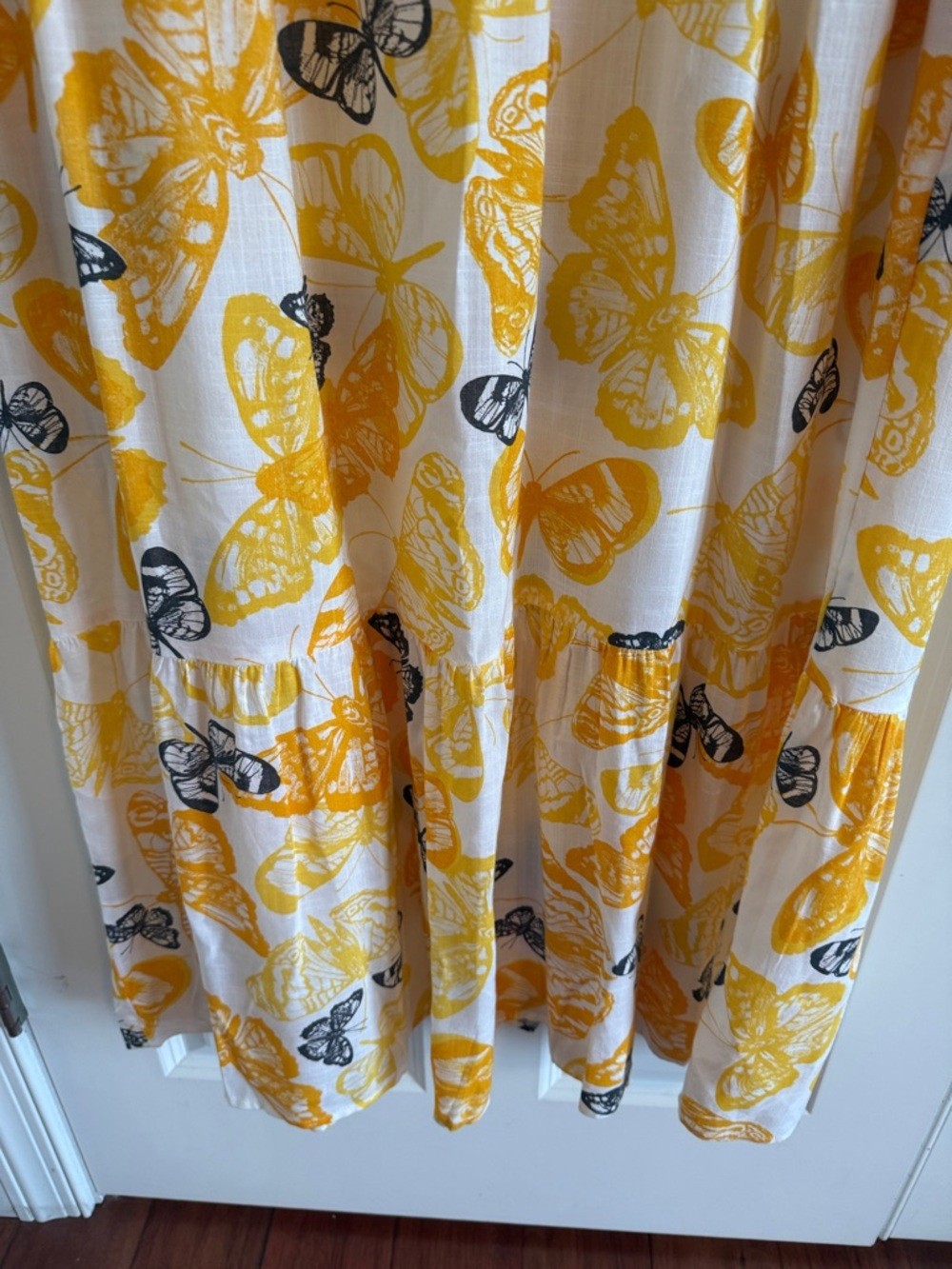 Sweet Magnolia Yellow & White Butterfly Print Tiered Midi Boho Dress Large
