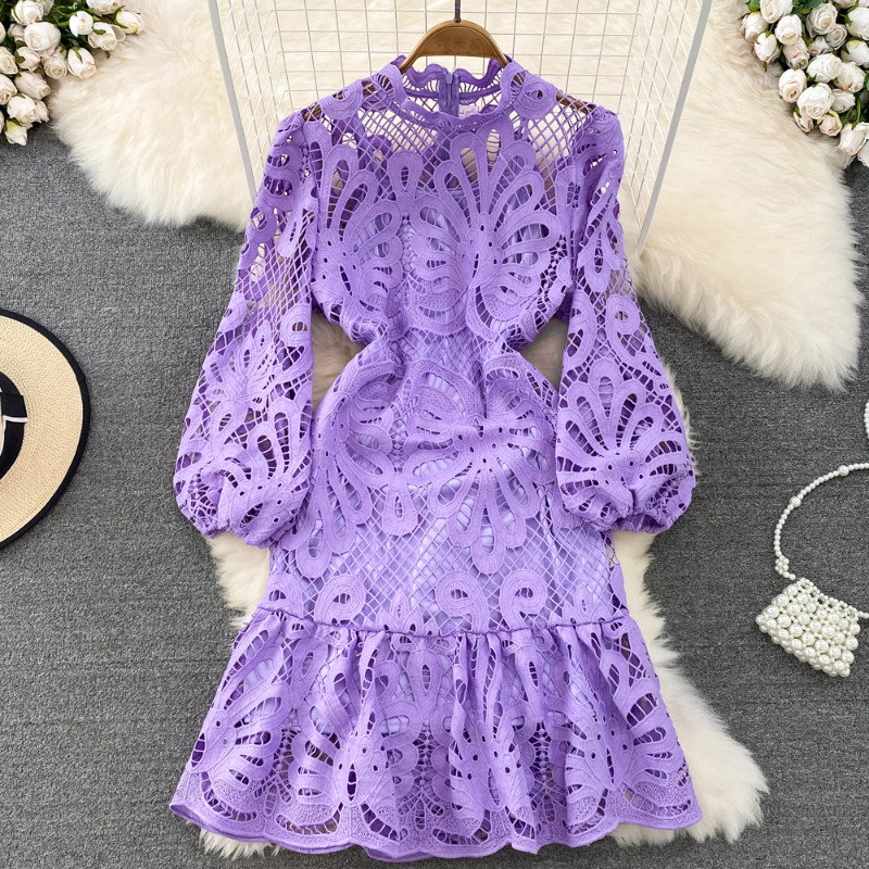 Women Puff Long Sleeve Ruffle Lace Midi Dress Hollow Out Retro Elegant New Dress