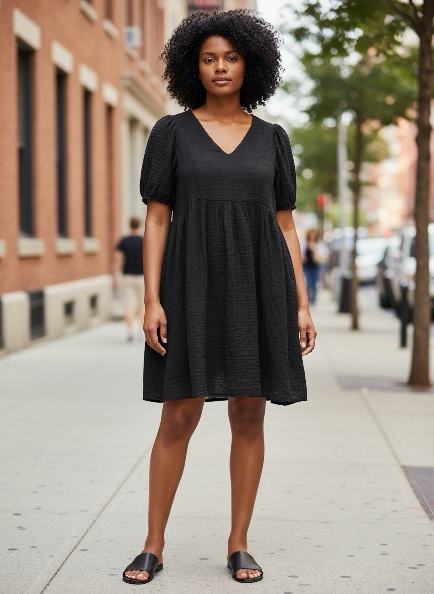 All Season Baby Doll Dress Black L 100% Cotton Short Puff Sleeve V-Neck