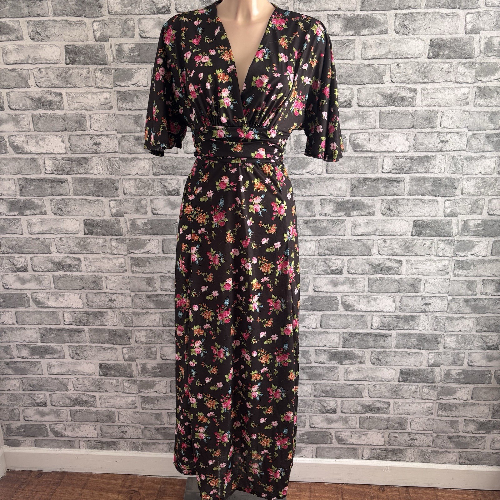 068 Brown Pink Floral Angel Sleeves Floaty Style Long Maxi Dress Size 16