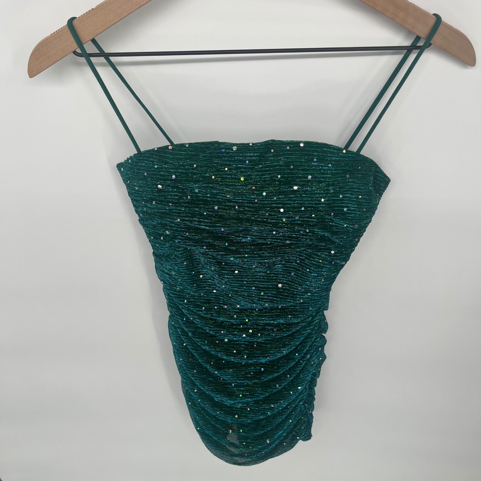 Lulus Mini Dress Womens 2 Green Ruched Rhinestone Glitter Party Bodycon