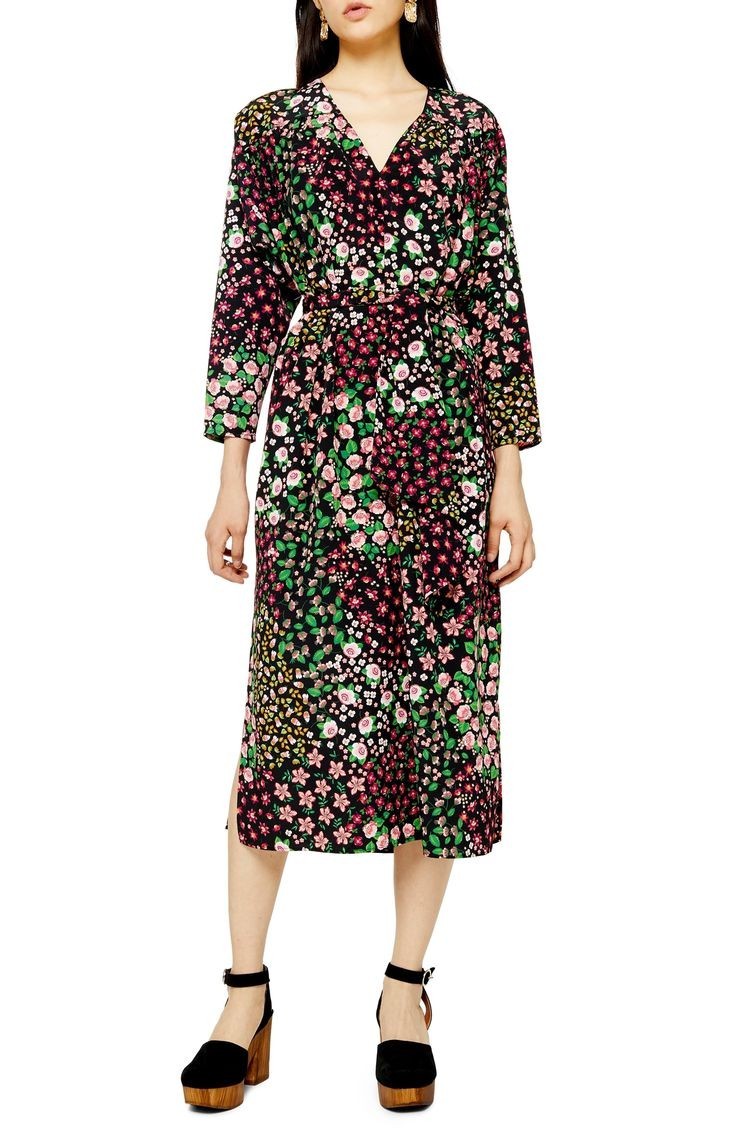 Topshop Long Sleeve Belted Floral Midi Shift Dress Womens 2 Multicolor V-Neck