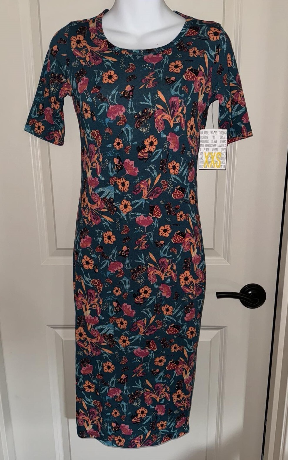 LULAROE Teal JULIA Dress ~ Straight Pencil ~ Butterflies/Bees/Floral ~ NWT! XXS