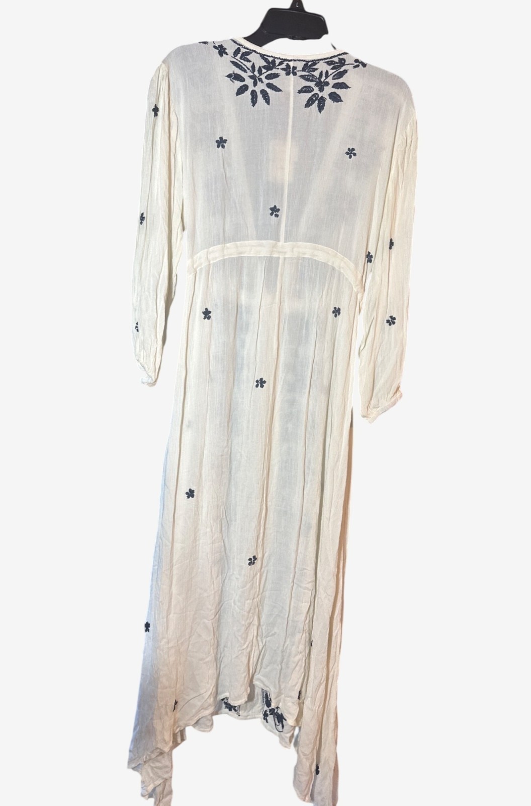 Anthro Raga Womens Embroidered Maxi Dress M/L White & Navy Boho Crinkle Fabric