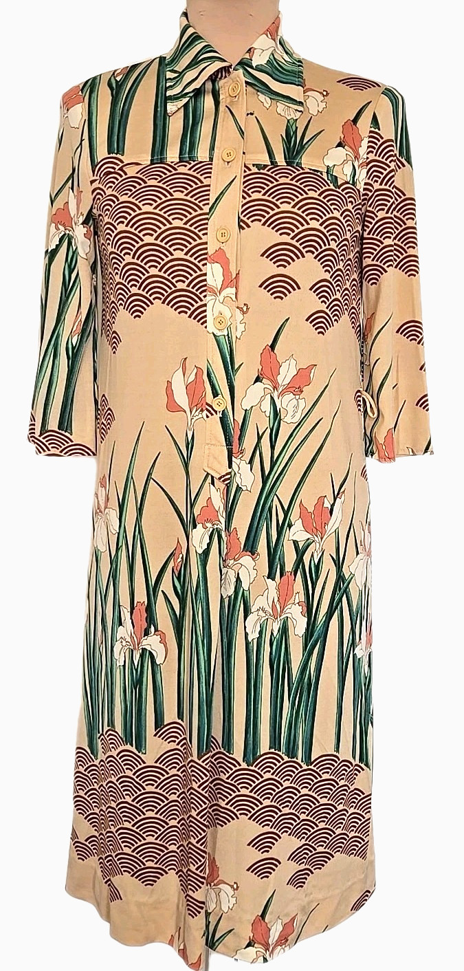 VIVID Hanae Mori beige green blush brown japanese art print Floral midi Dress S