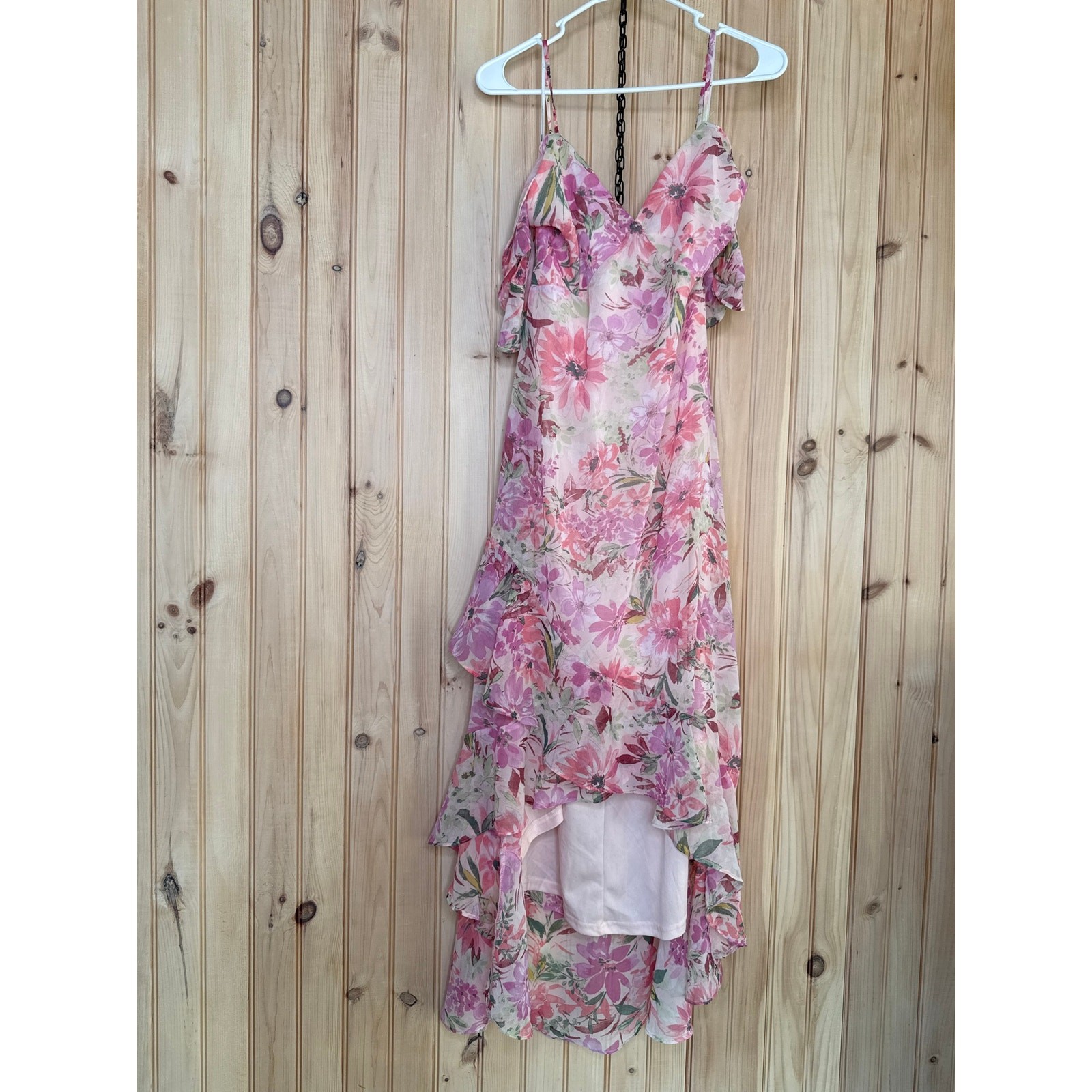 NWOT Lulus Watch Me Grow Pink Floral Print Cold-Shoulder High-Low Dress Resort M