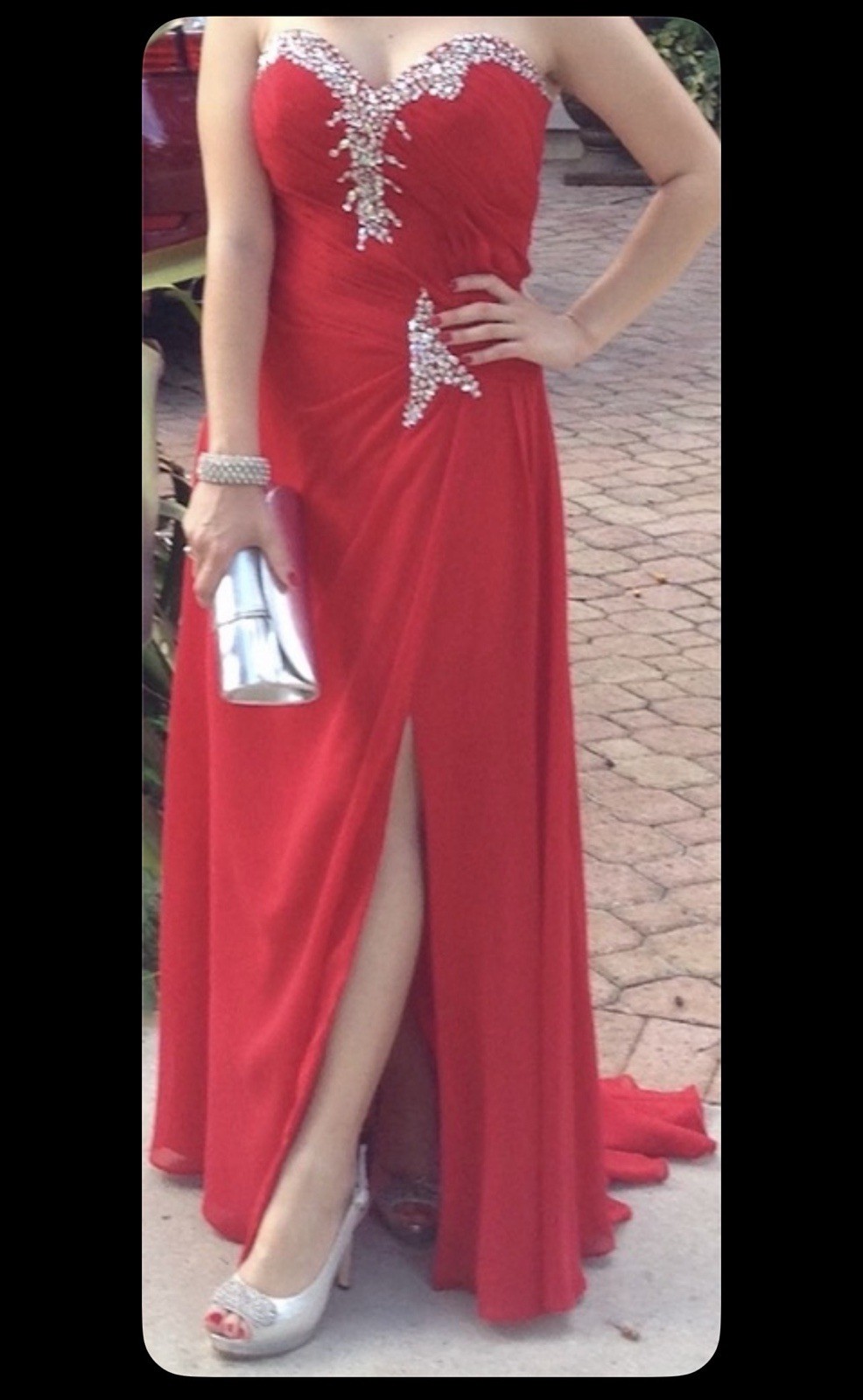 JJ’s House Red Sweetheart Strapless Chiffon Beaded Long Slit Formal Dress 2