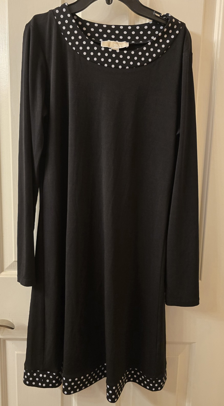 Michael Kors Women’s Shift Dress Black/White Polka Dot Trim Long Sleeve M