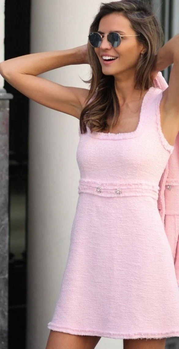 ZARA Pink Fitted Frayed Trims Tweed Boucle Gem Stone Button Mini Dress LARGE L