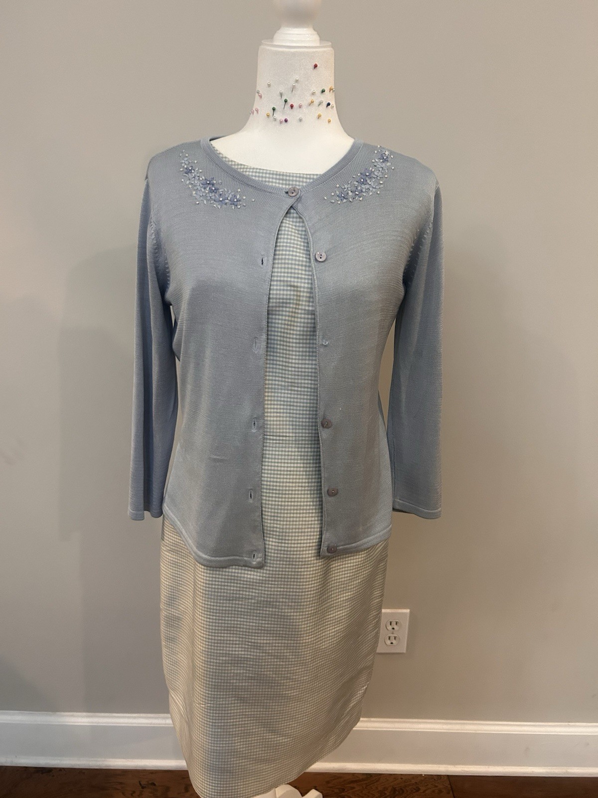 Talbots Blue/White Gingham Silk Boat Neck Sleeveless Lined Sheath Dress 6