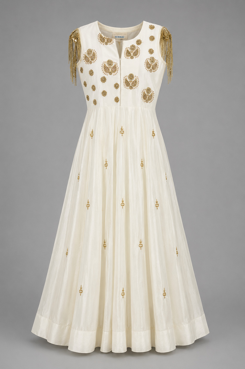 AMARA White Gold Fringe Embroidered Gown by Subhai Apparel Size XL