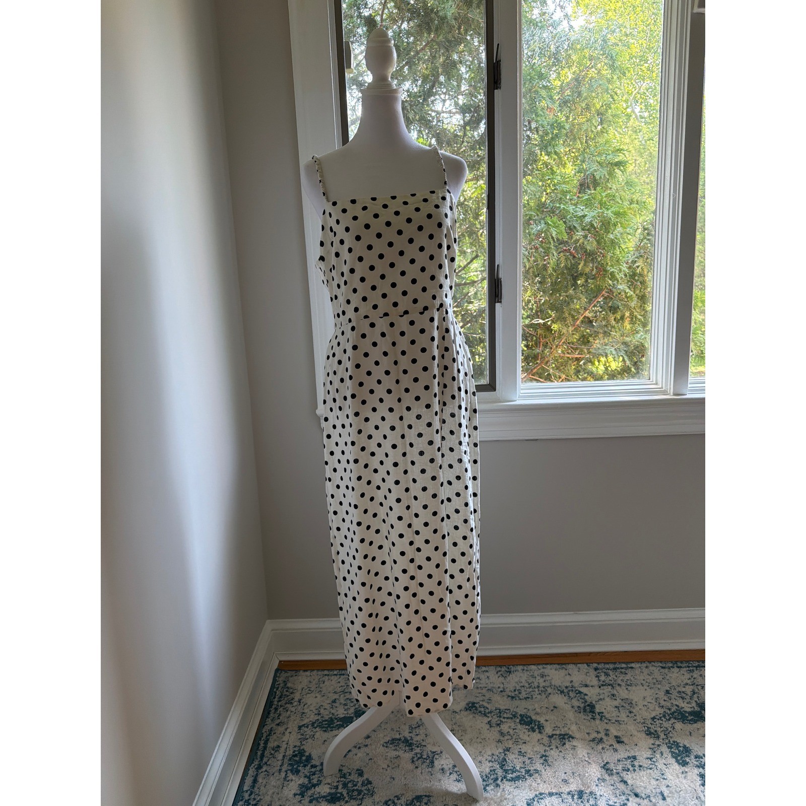 Zara Polka Dot Slip Dress Linen Blend Open Back Midi Dress Large
