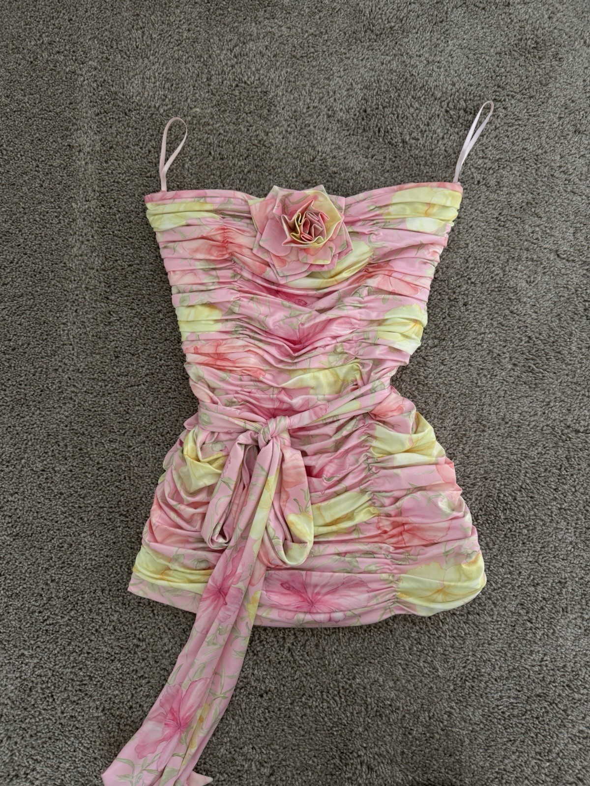 LoveShackFancy Nerra Mini Ruched Dress Light Berry Tea Floral Size 2 Strapless