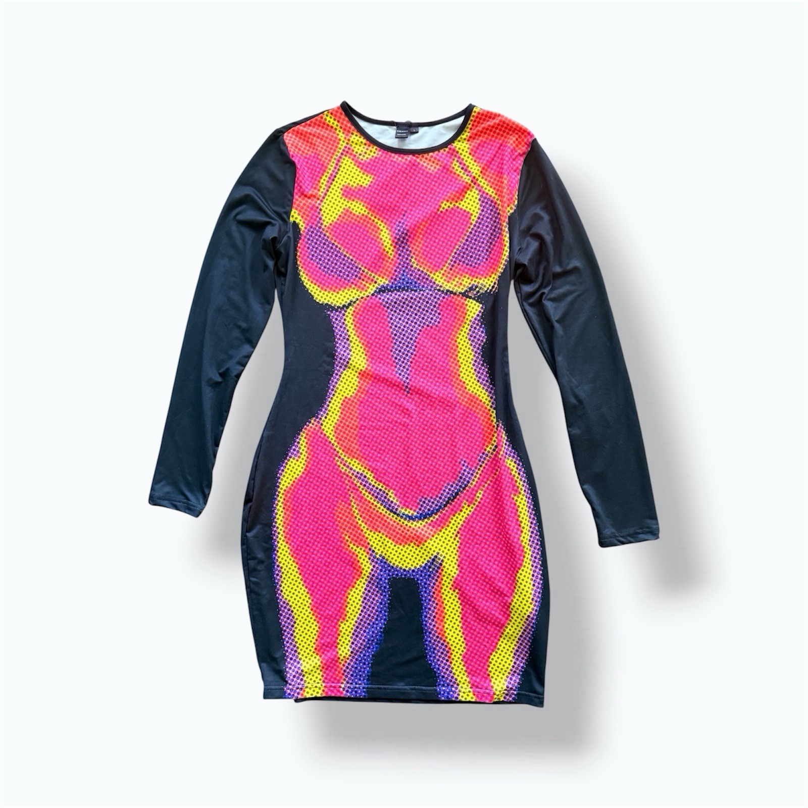 SHEIN Neon Pink & Yellow Long Sleeve Bodycon Dress with Black Sleeves – L