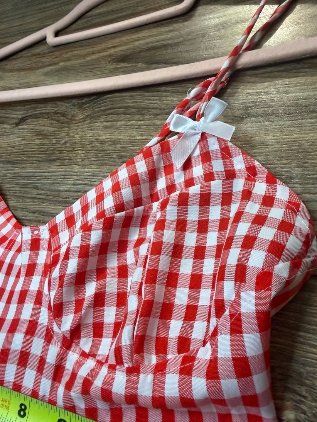 Red and White Gingham Spaghetti Strap Tiered Mini Dress with Lace Trim and Back