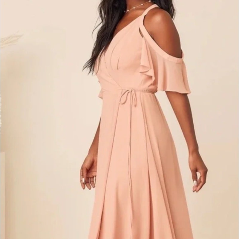 Lulus Maxi Formal Wrap Dress Size S Easy Listening Blush Cold-Shoulder Wedding