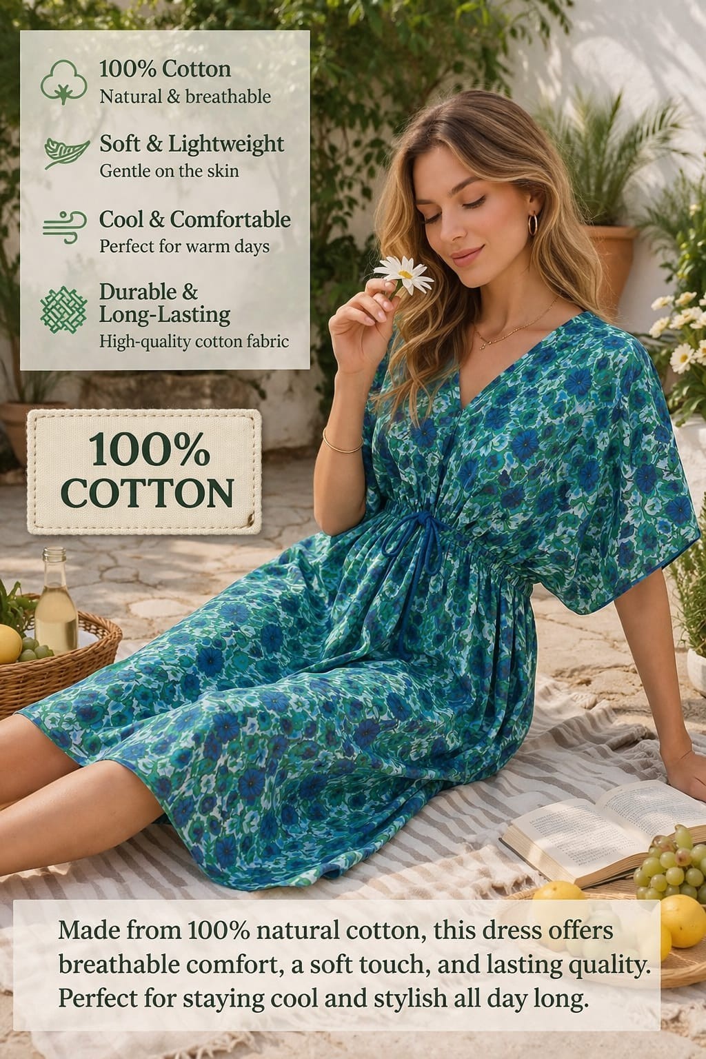 Indian Hand made Cotton Kaftan Dress Floral Print for Women All Season Caftan