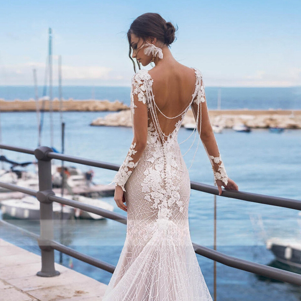 Backless Mermaid Pearls Beaded Wedding Dresses Lace Appliques Women Bride Gown