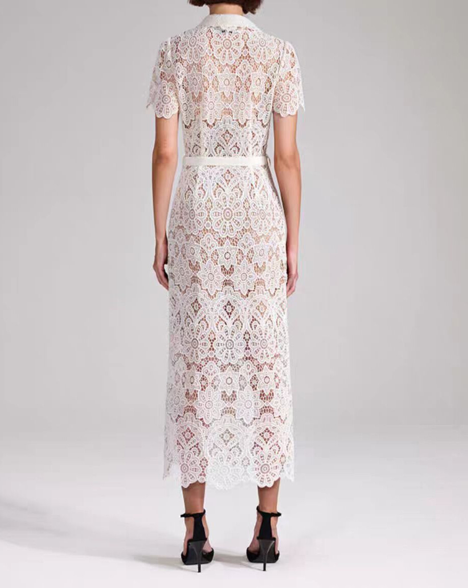 Self-Portrait Polyester Lace Collared Short Sleeve Midi Dress for Women White
