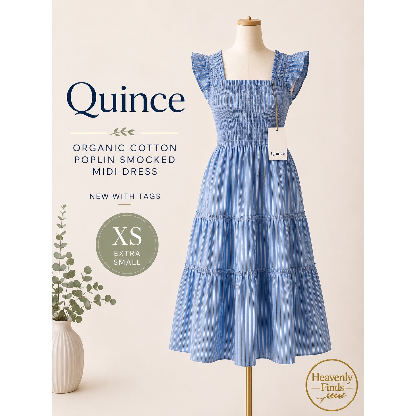 Quince Blue Tribeca Stripe Organic Cotton Poplin Smocked Midi Dress XS NWT