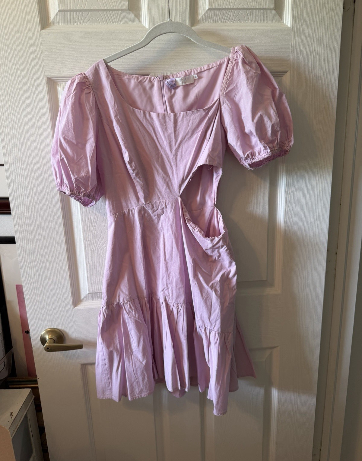 ASTR the Label Pink Square Neck Puff Sleeve Ruffle Hem Mini dress Polyester L