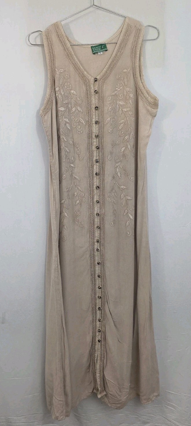 Vntg Beach Crew XL Dress Front Button Hawaiian Boho Embroidery Beach Cover Up