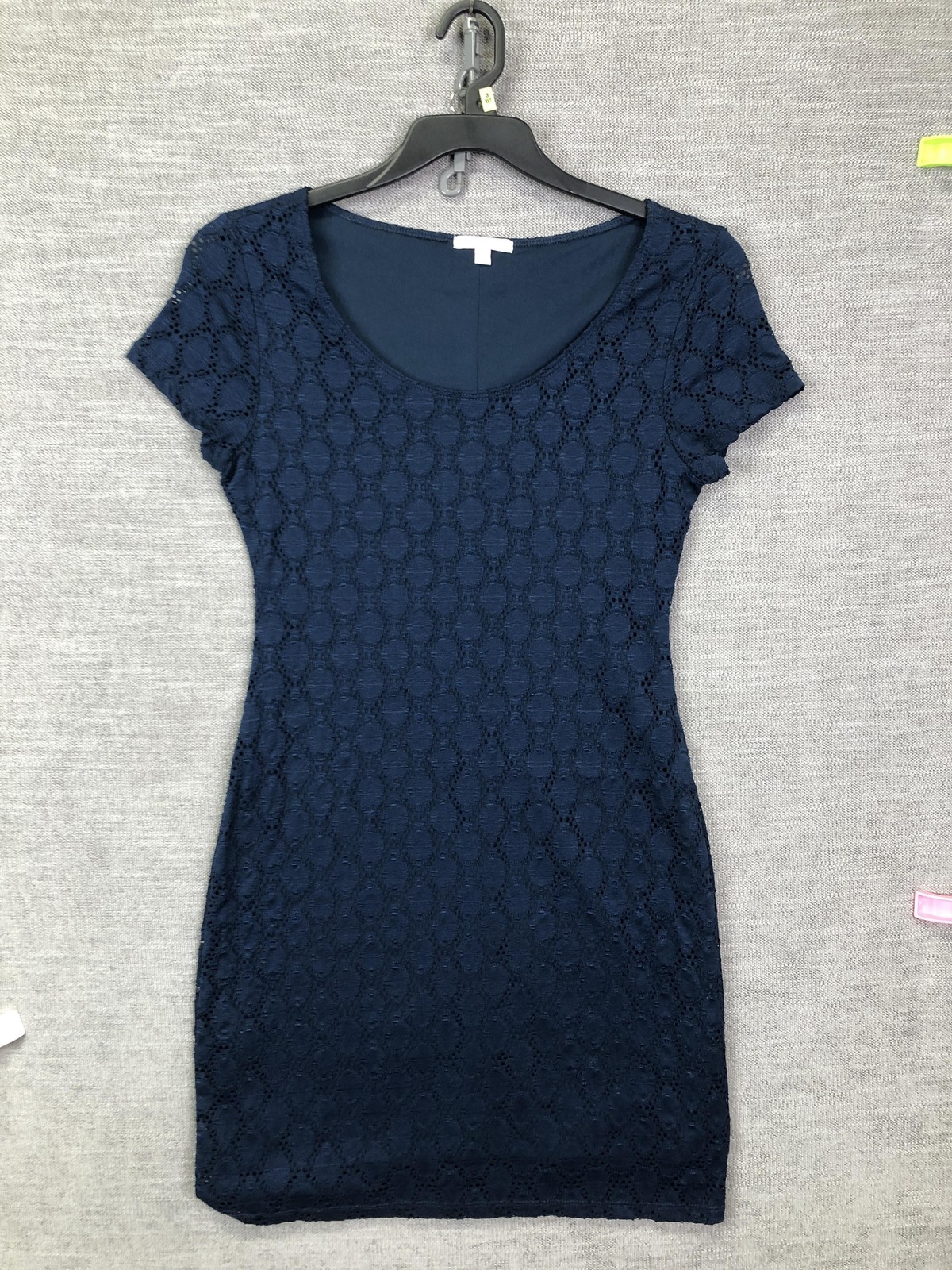 Isaac Mizrahi Dress Womens Medium Navy Blue Lace Sheath Short Sleeve Mini Party