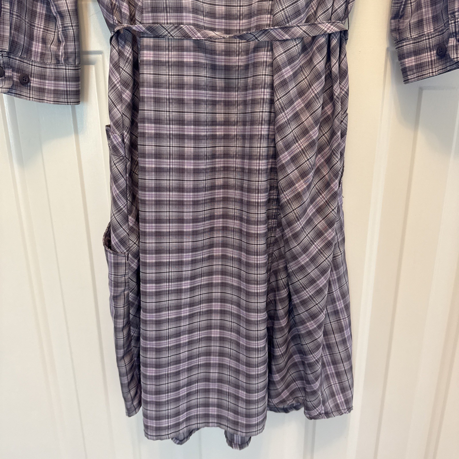 Duluth Purple Plaid Button-Down Shirt Dress Tie Pockets Size M polyester nylon