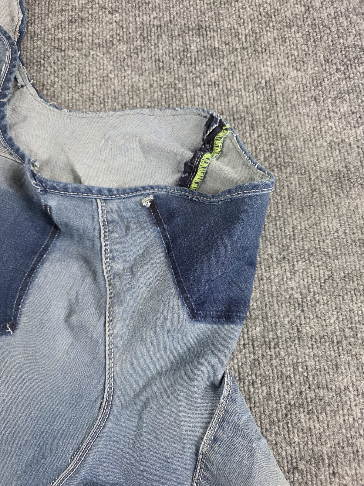Handmade Patchwork Denim Dress Edgy Upycled Art to Wear Blue One Shoulder 32″