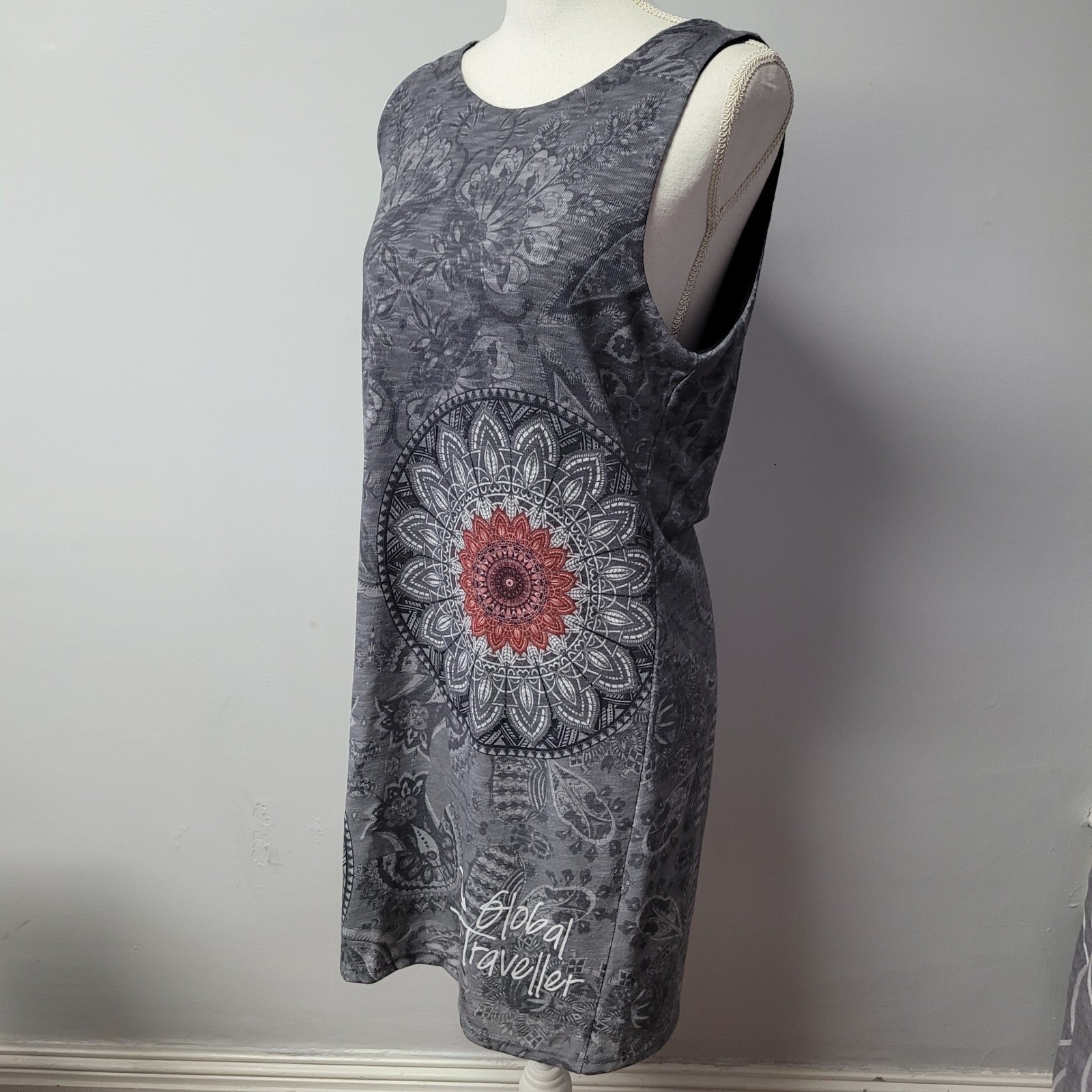 Desigual Shift Dress Gray Mandala Print Sleeveless Keyhole Back Womens XL