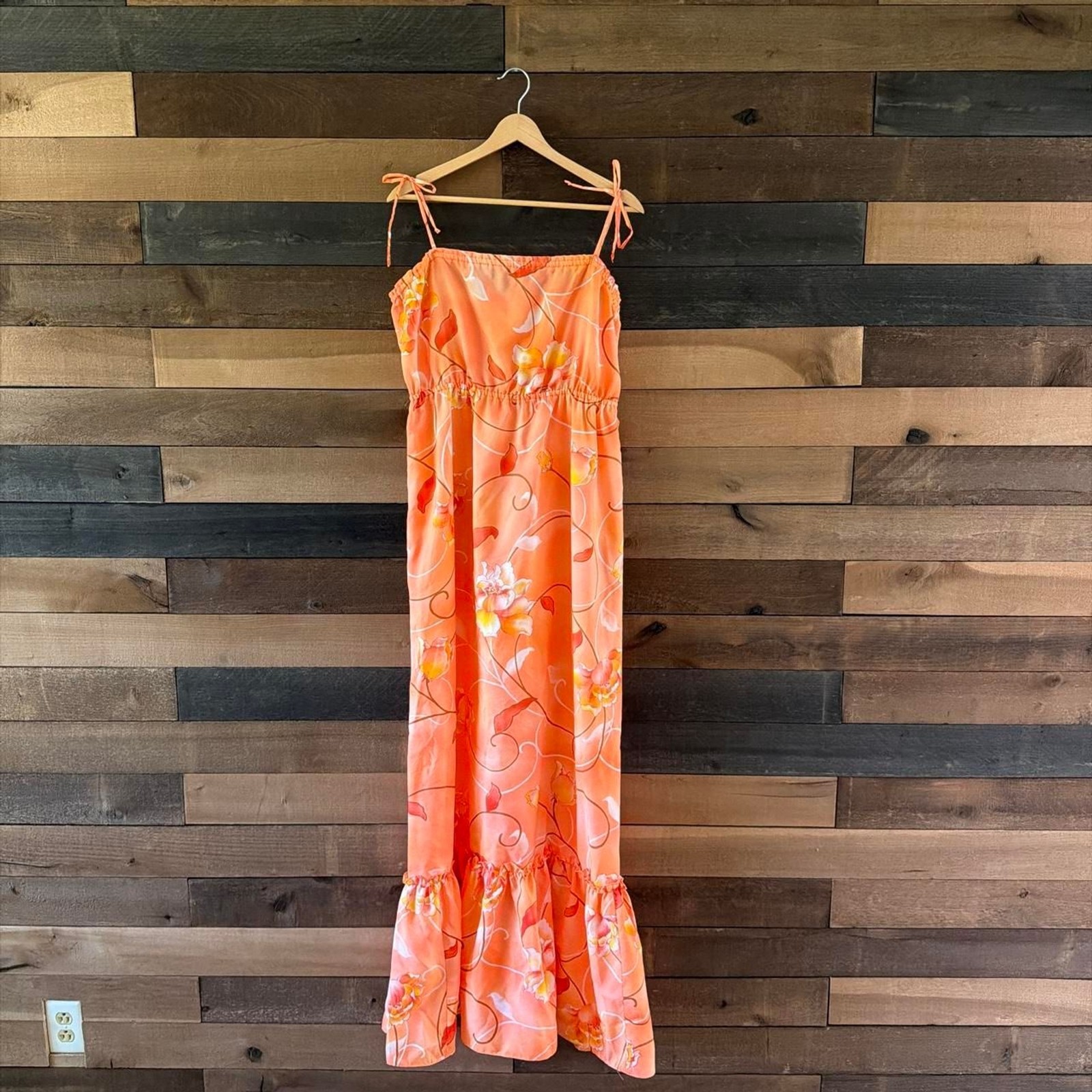 Vintage Hawaiian Floral Maxi Dress Coral Peach Tie Strap Ruffle Hem Honolulu