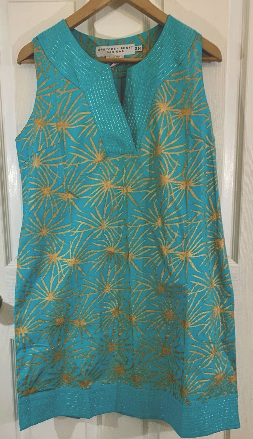 Gretchen Scott Women’s Teal Blue Sunburst Sleeveless Shift Dress Size M