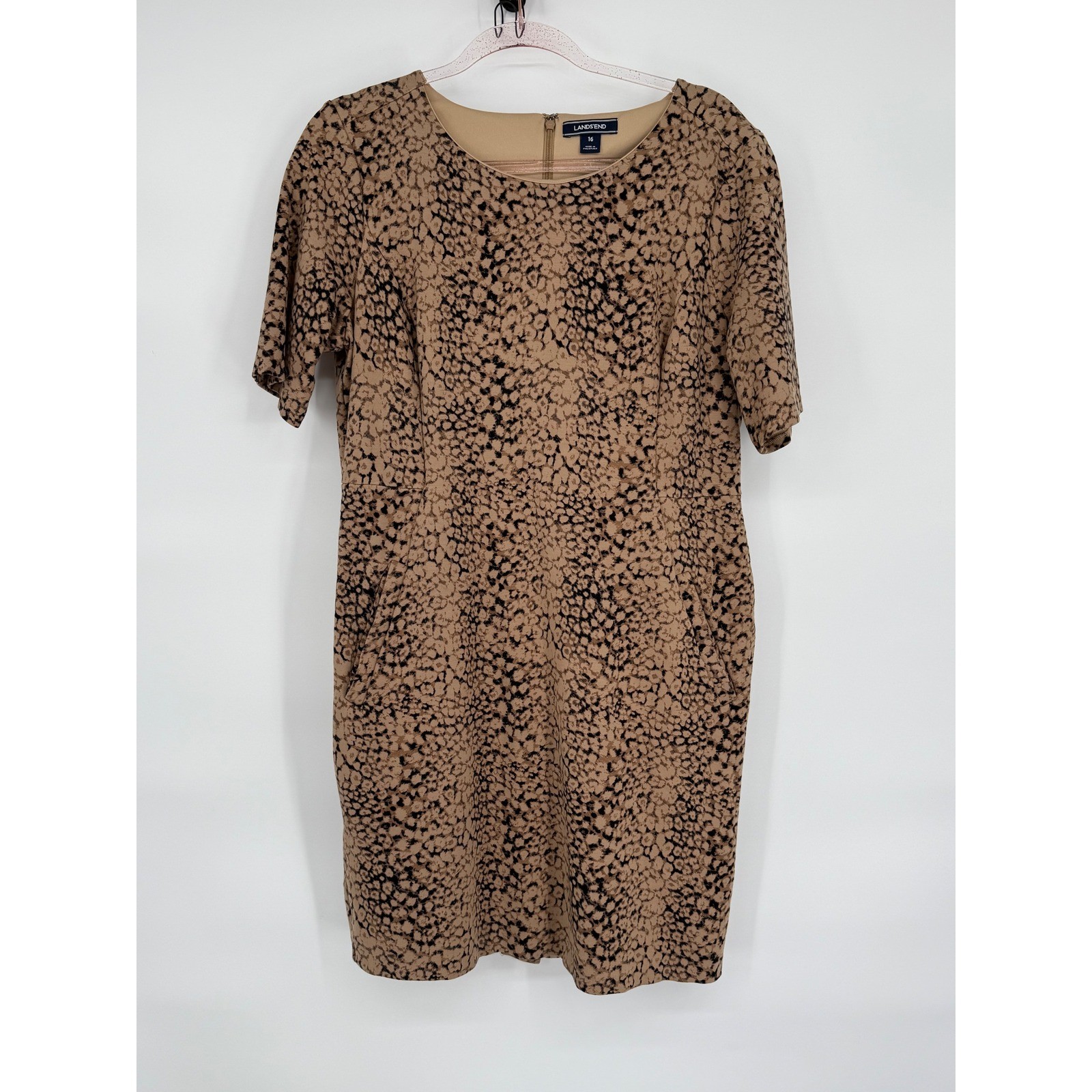 Lands End Women’s Brown Animal Print Career Casual Dress Sz 16 Short Sleeves