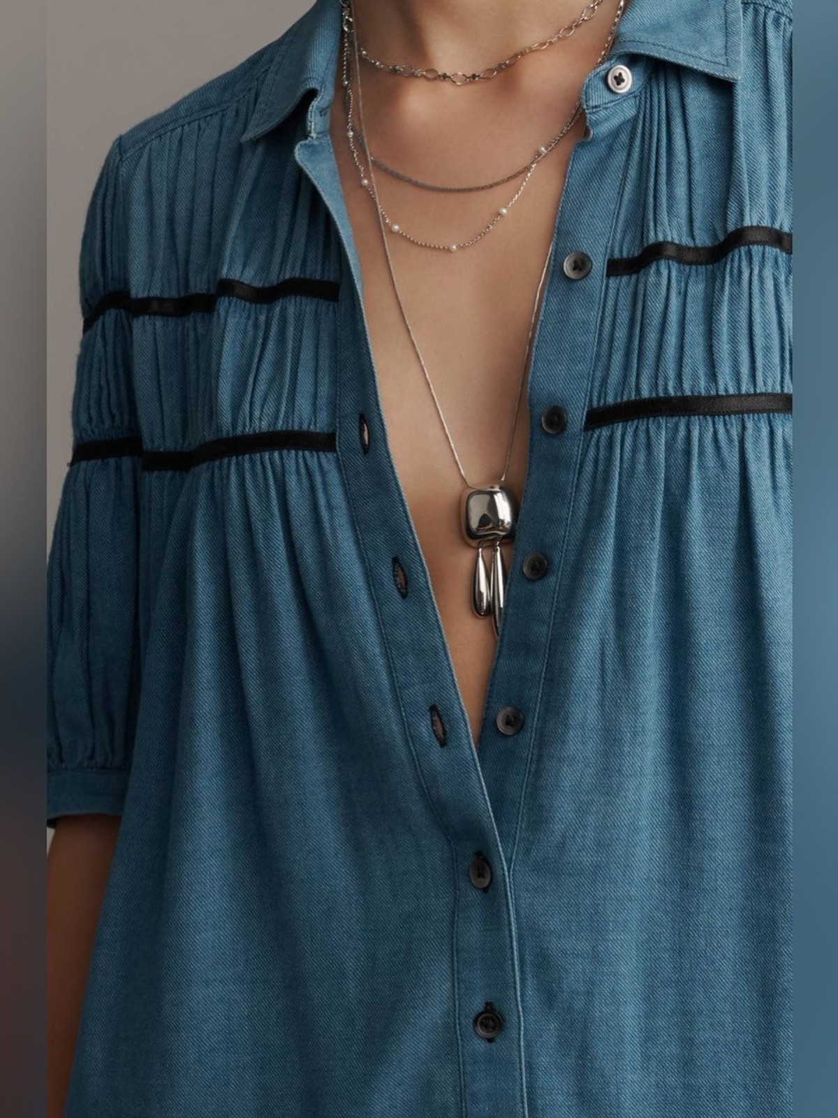Maeve Anthropologie L Denim Button-Front Tiered Shirt Mini Dress