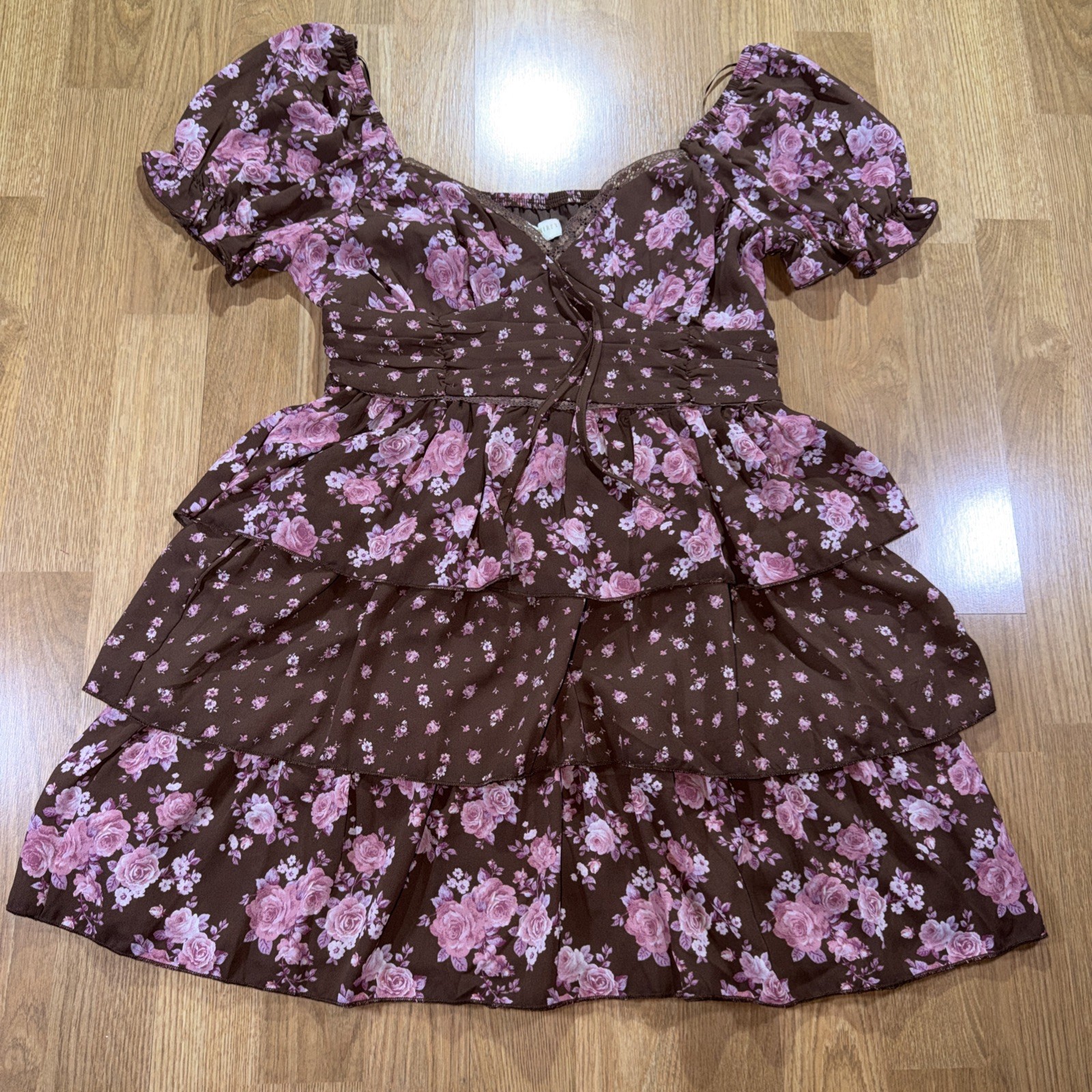 Women Floral Smocked Babydoll Dress M Puff Sleeve Tiered Ruffle Boho Cottagecore