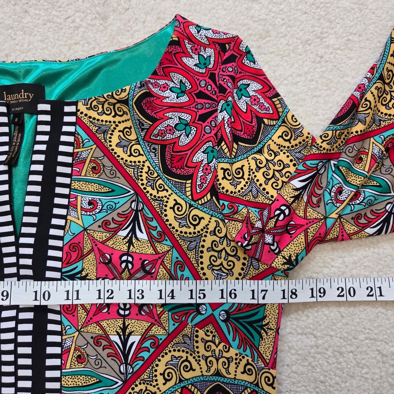 Laundry By Shelli Segal 8 Vibrant Lined Shift Dress Tunic 3/4 Bell Sleeve