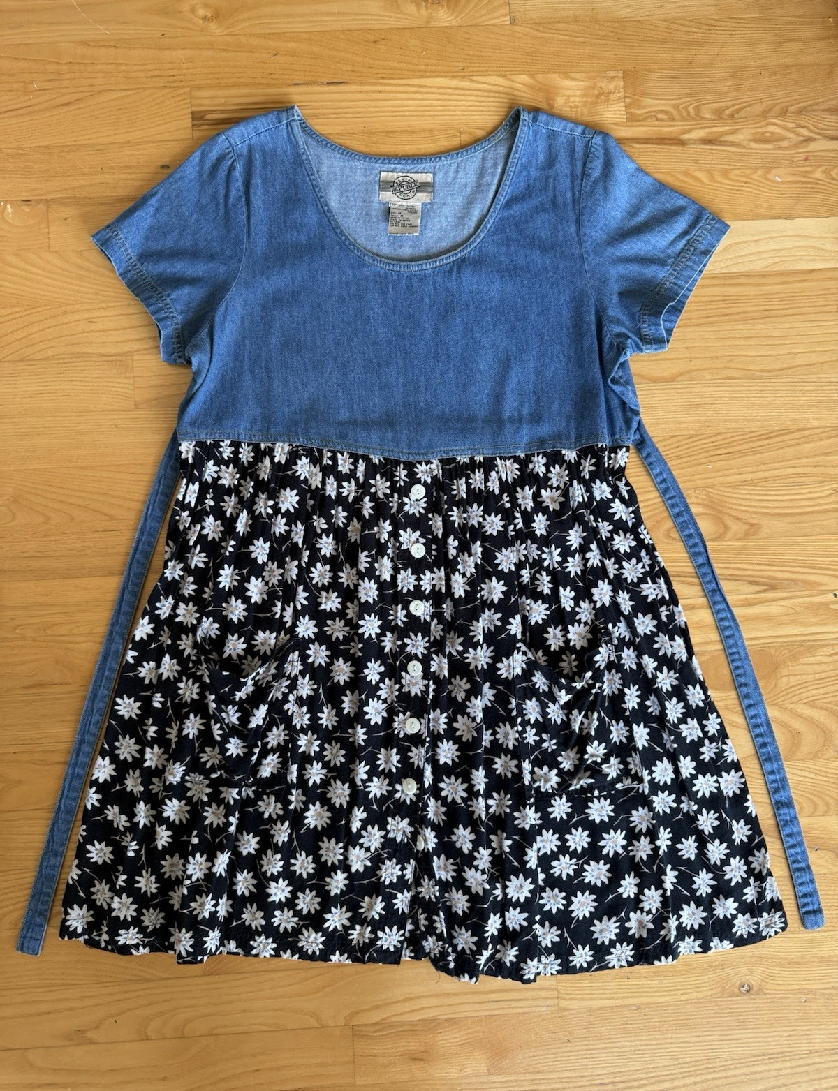 🌻 Vintage 90s Denim Republic Floral Daisy Babydoll Dress Top – Medium