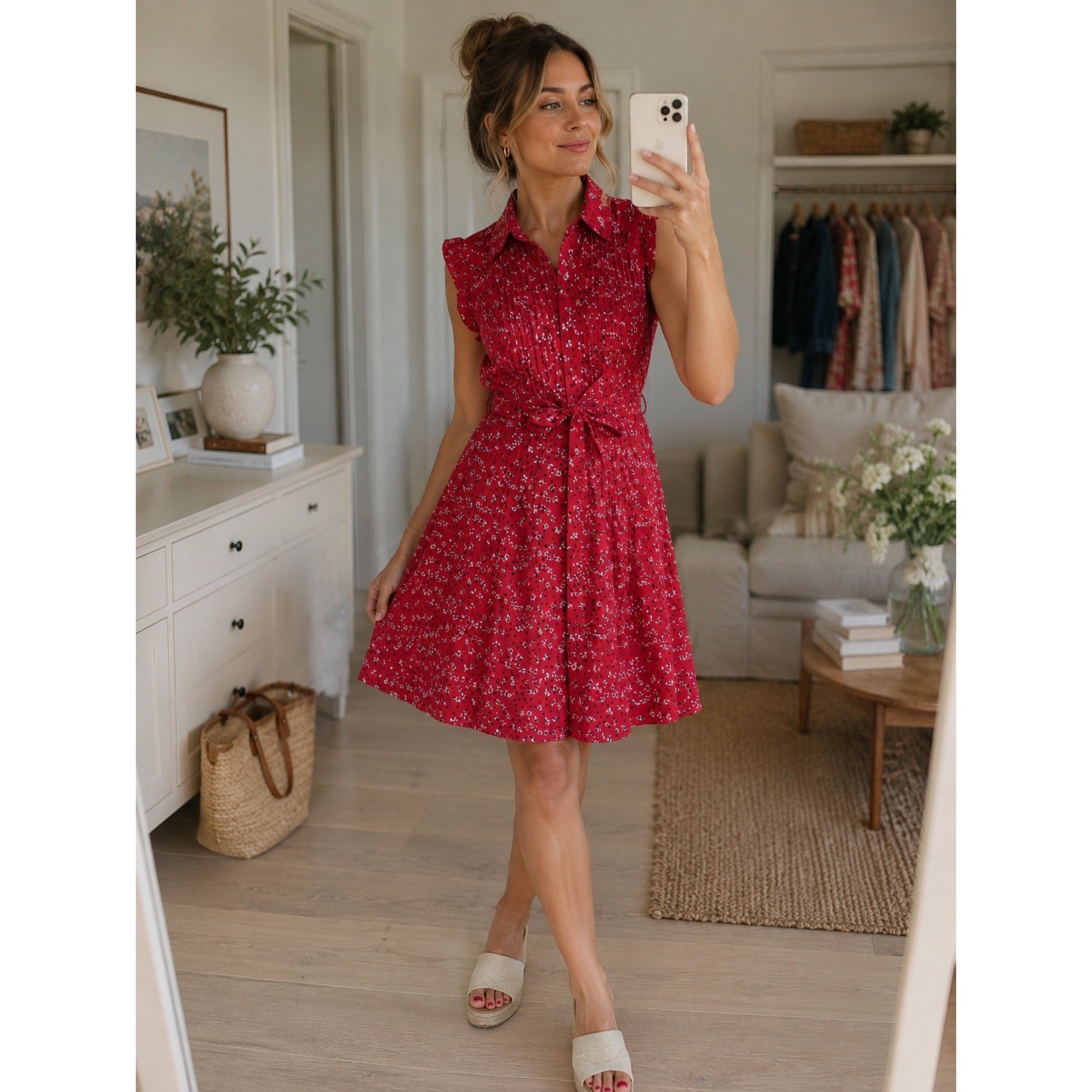 Nanette Lepore Red Floral Pleated Shirt Dress | NWT Belted Fit & Flare | Size 8