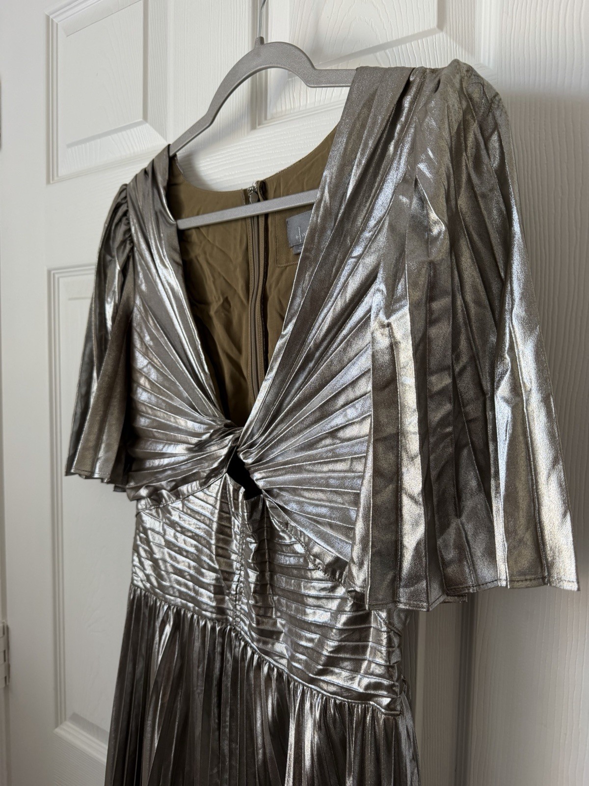 By Anthropologie Metallic Pleated Cutout Midi Dress Silver green Size S