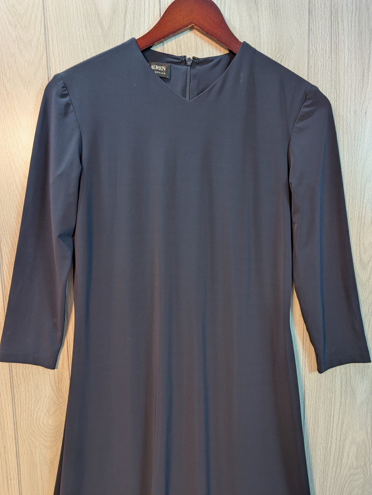 Ralph Lauren Collection Mini V Neck Midi Day Dress Sz 10 3/4 Sleeve Black