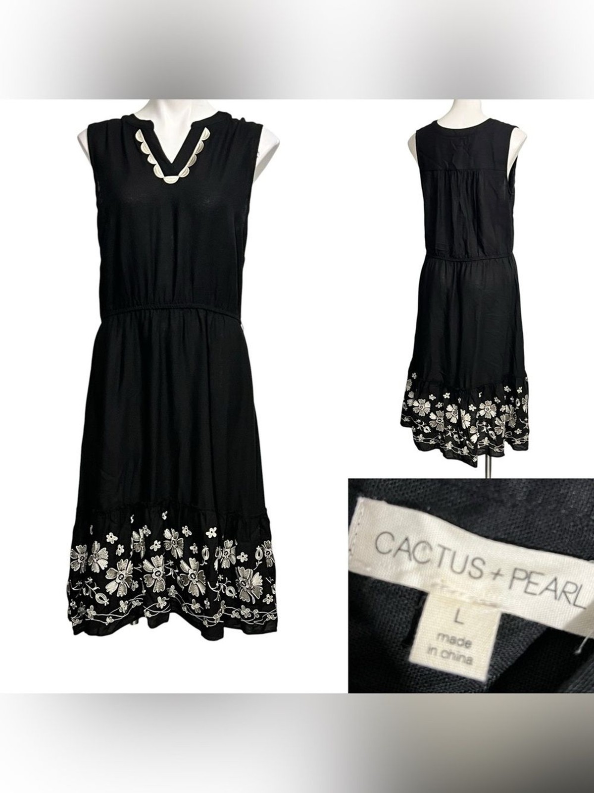 Cactus+Pearl dress sz L Black Sleeveless Embroidered Hem linen blend casual