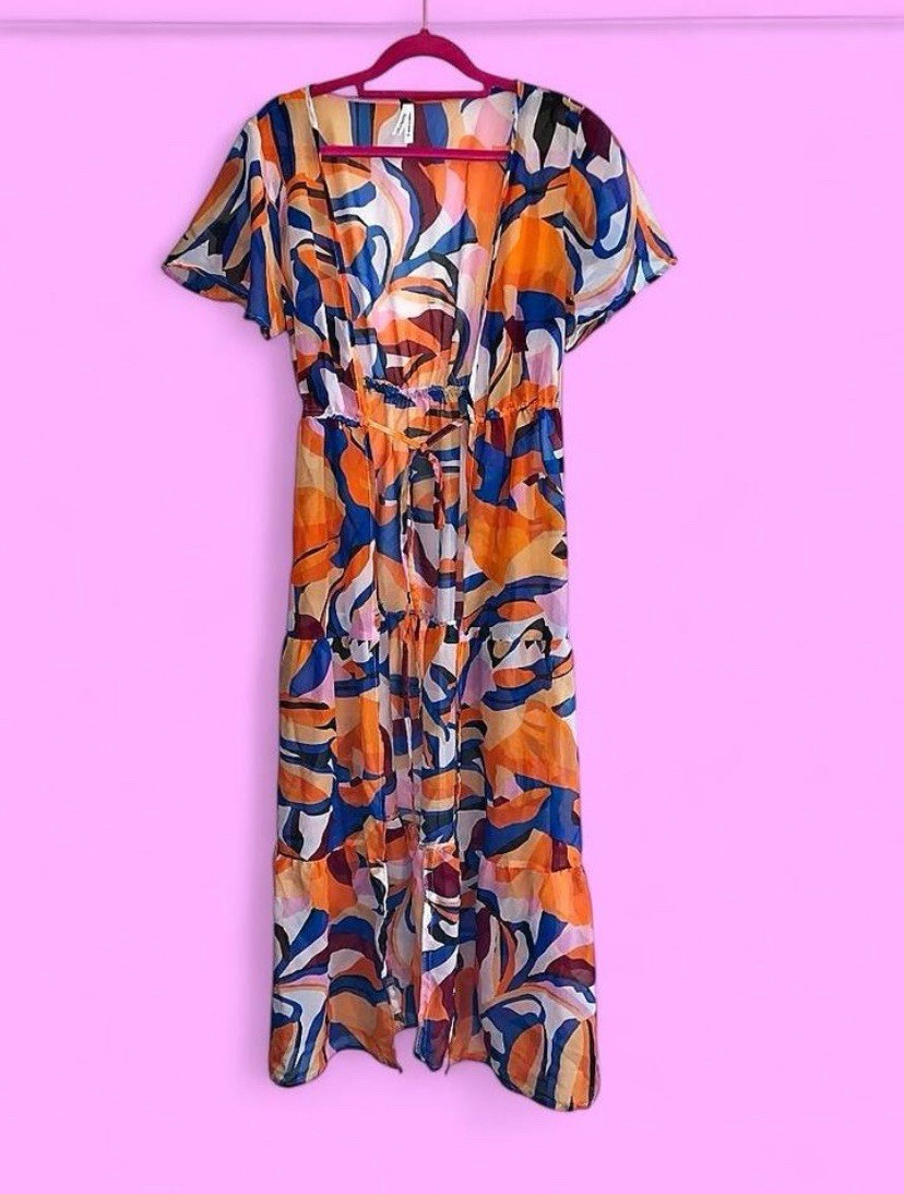 Live 4 Truth Women’s M Orange/Blue/White Abstract V-Neck Short Sleeve Rayon Midi