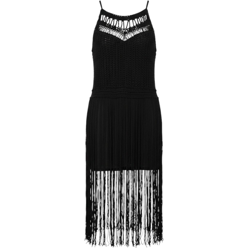 Boston Proper Black Crochet Fringe Mini Dress SM Sleeveless Halter Flapper 20’s