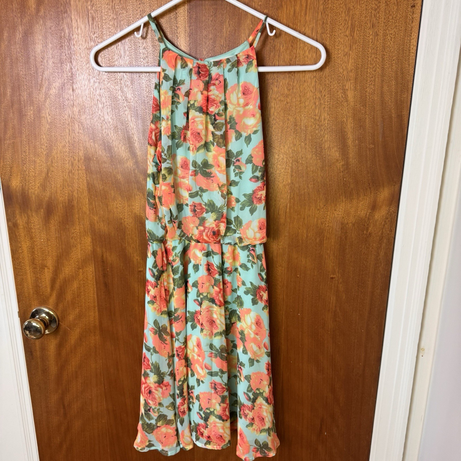 Lush Coral Floral Light Blue Halter Sleeveless Mini Dress NWOT Small