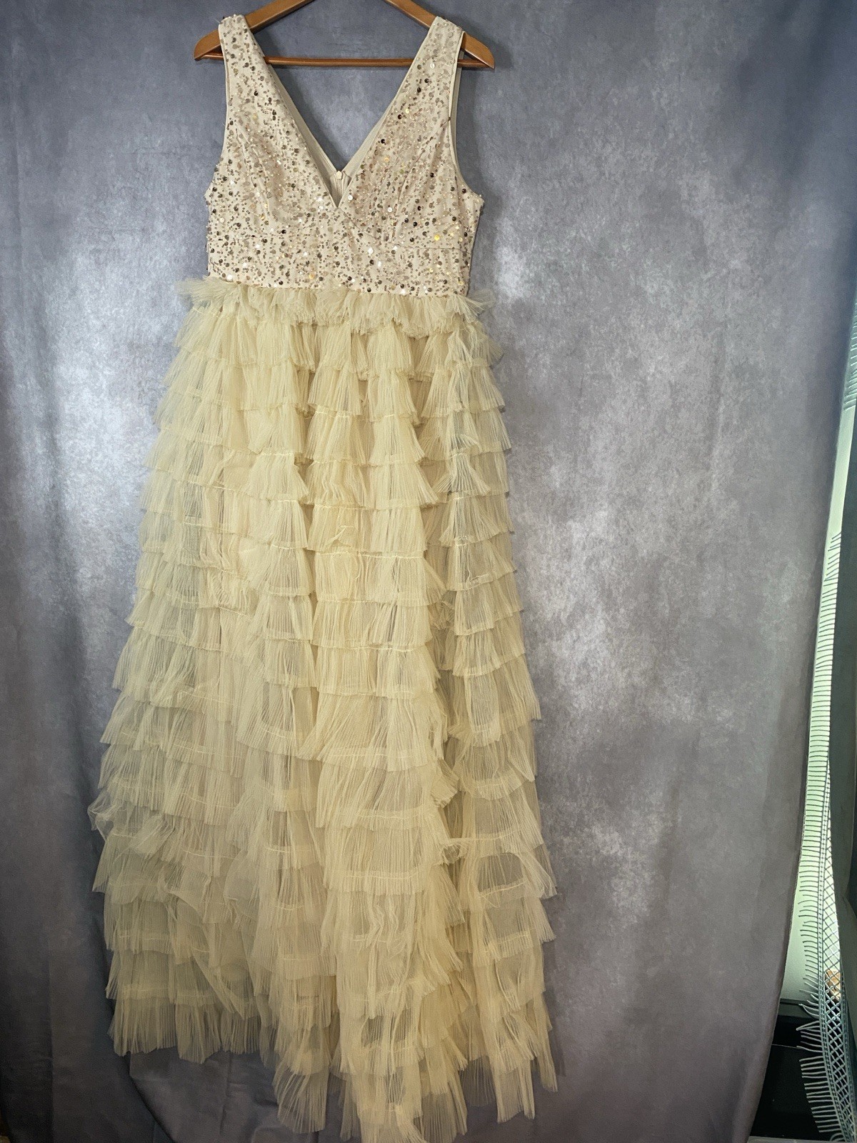 Glam Faeriesty Whimsical Prom Dress Size XL Ruffle Sequin Tulle Cream