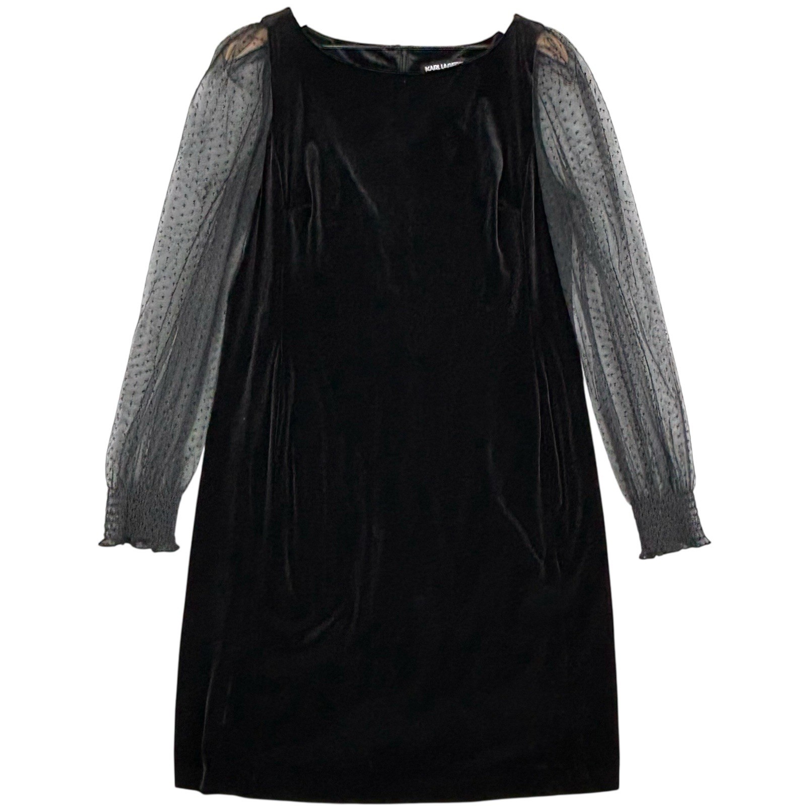 Karl Lagerfeld Dress Womens 14 Black Velvet Sheer Long Sleeve Sheath Back Zipper