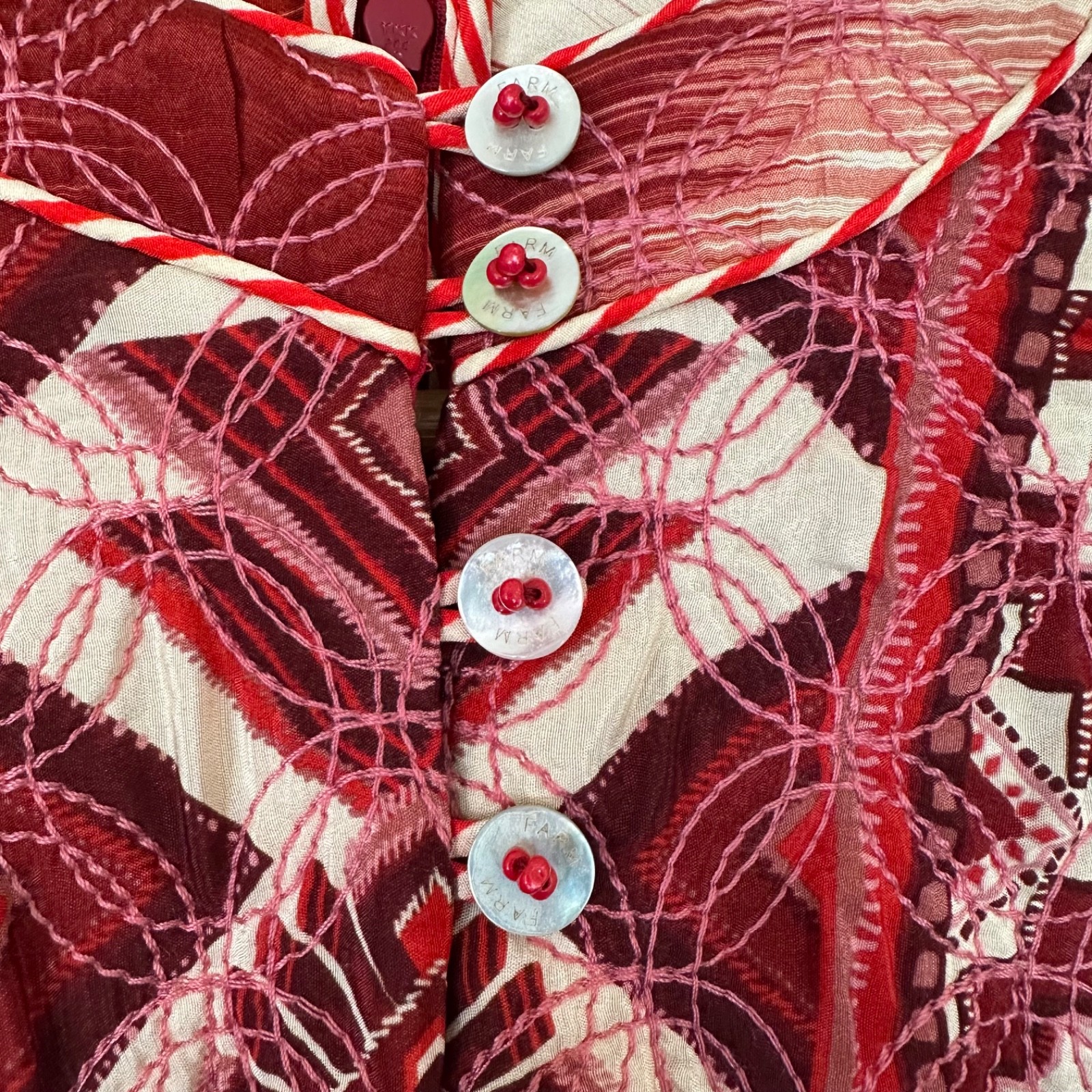 Farm Rio Ikat Boho Quilted Embroidery Puff Sleeve Mini Dress Size S Festival 70s