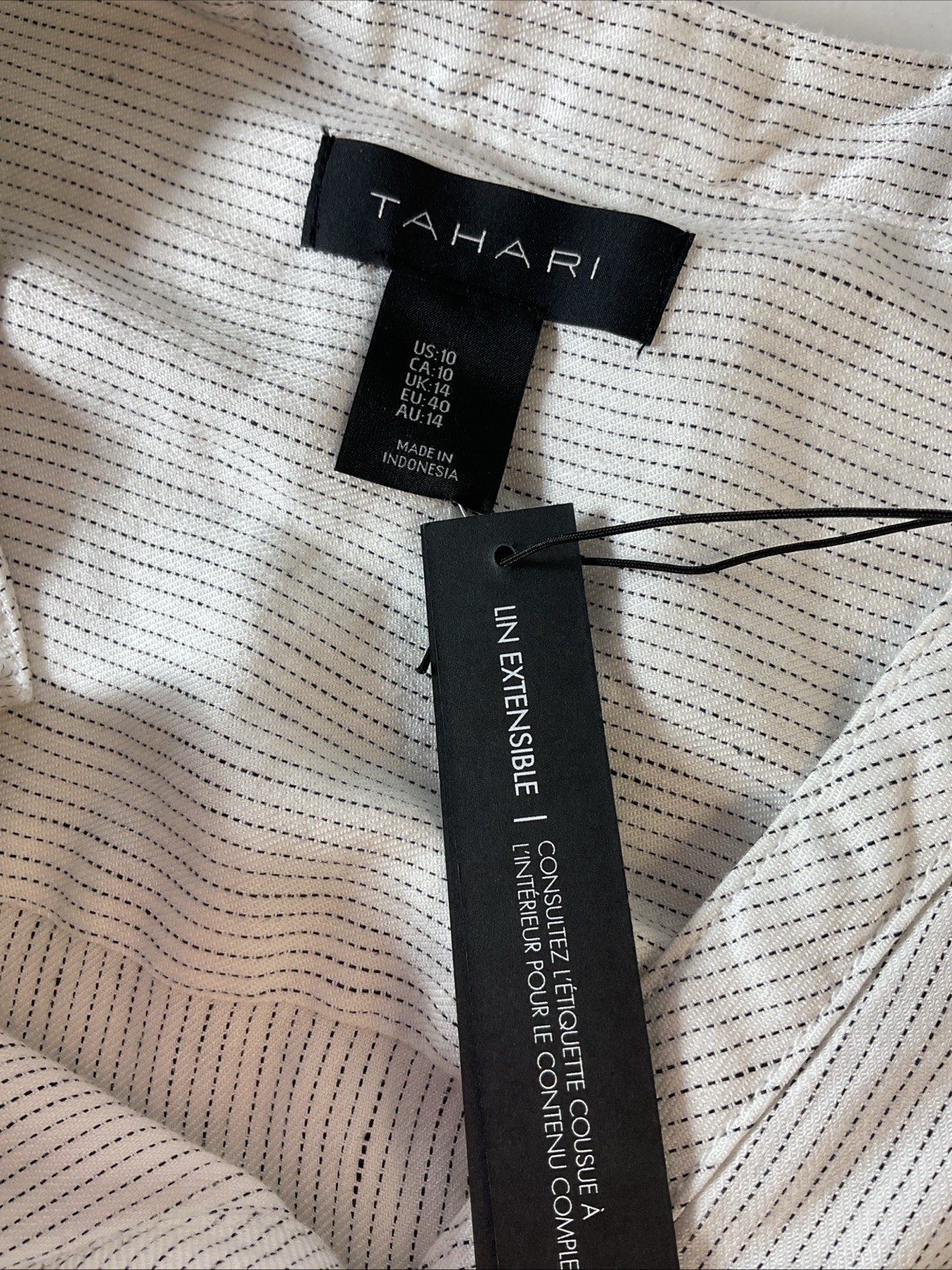 New Tahari Stretch Linen Blend White Black Pinstripe Button Dress Lagenlook 10