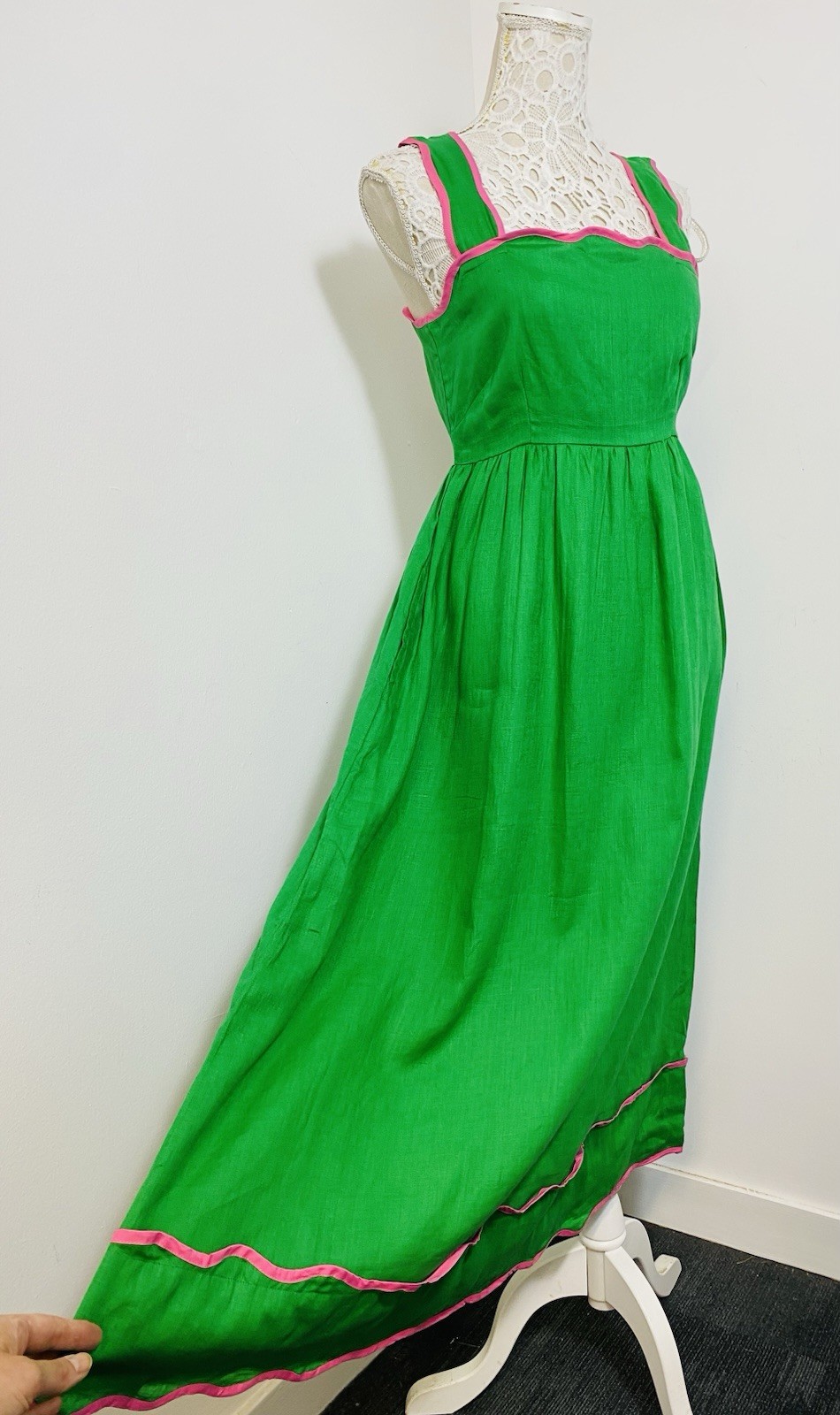 Pink City Prints green & pink strappy linen maxi dress XS, boho, flouro, beach,